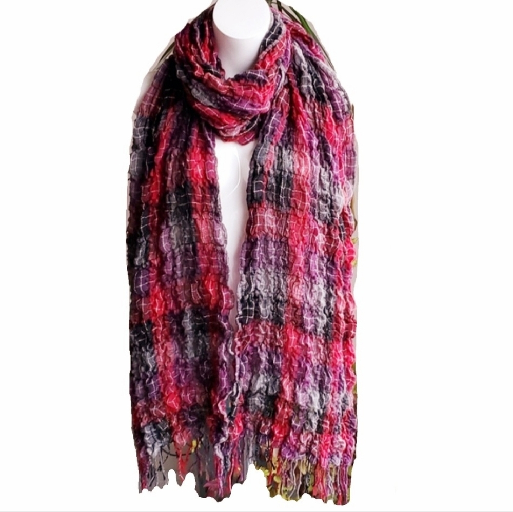 Chico's Red Plaid Long Scarf With Fringe